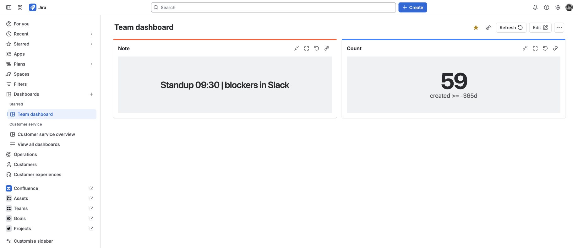 Jira Team dashboard after reload, with Note on the left and Count on the right.