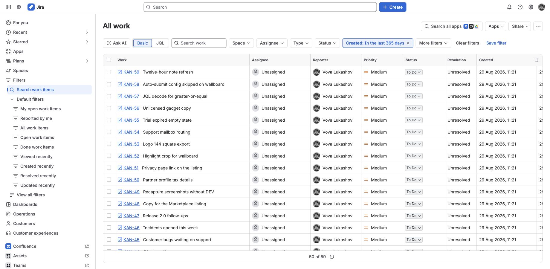 Jira issue navigator filtered to work items created in the last 365 days, opened from the Count gadget.